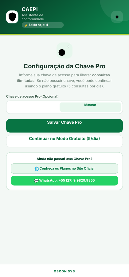 Tela real de configuração da Chave Pro do CAEPI Assistente