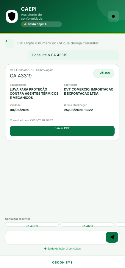 Tela real do resultado de consulta no CAEPI Assistente