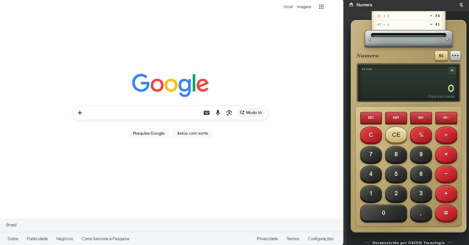 NUMERA aberta no painel lateral do Chrome