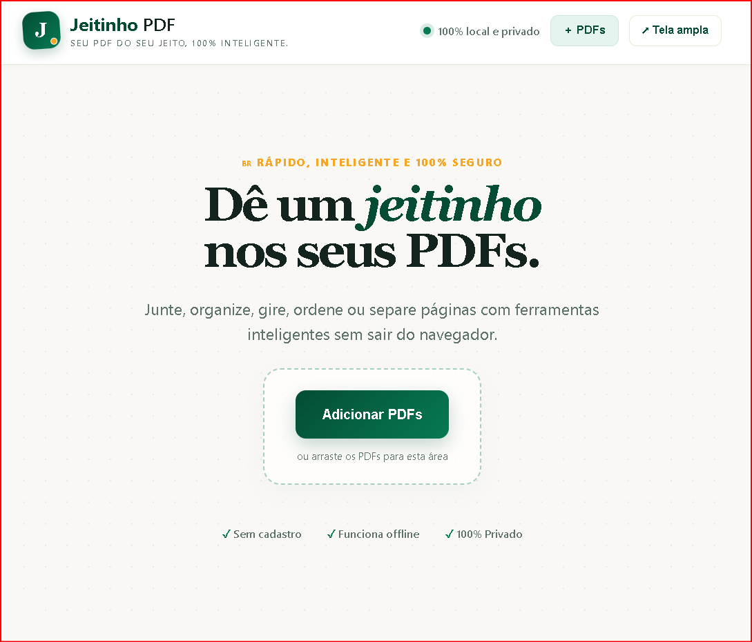 Tela real da extensão Jeitinho PDF mostrando a área para adicionar e organizar documentos PDF